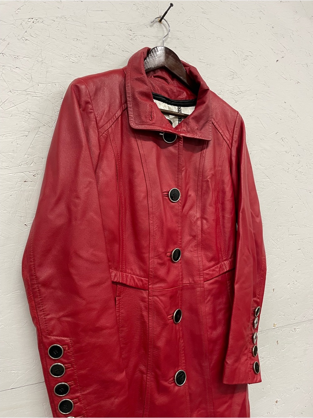 Vintage Danier Red Leather Button-Front Lined Trench Coat, Size XS - Picture 5 of 12